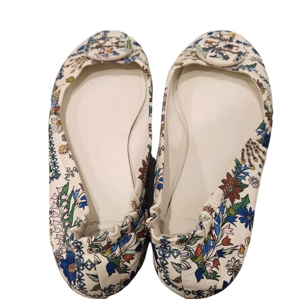 Tory Burch Minnie Ivory Meadow Folly floral leather ballet flats size 8.5 - Picture 3 of 9